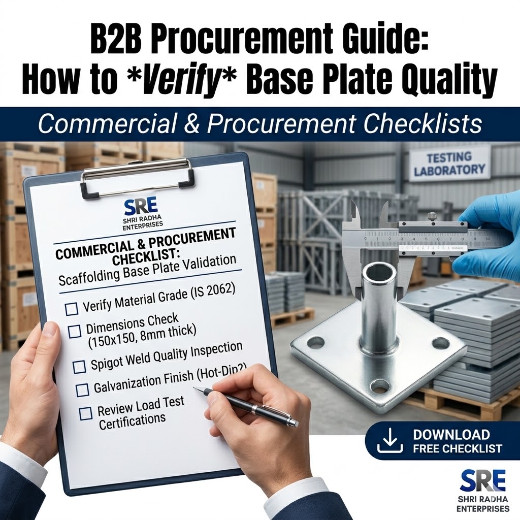 A B2B procurement banner featuring a professional holding a clipboard with a scaffolding base plate validation checklist, alongside a hand using a vernier caliper to measure a galvanized spigot plate inside a testing laboratory for Shri Radha Enterprises.