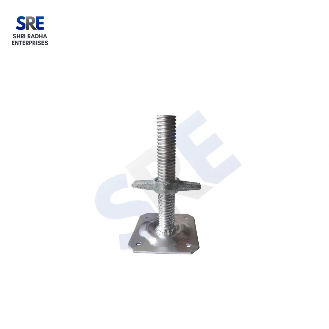 Adjustable threaded screw jack with base plate for construction leveling and high load-bearing stability.
