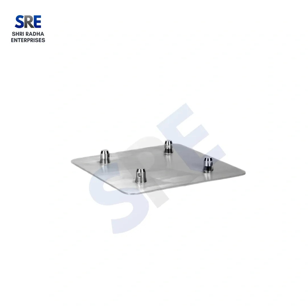 Four-pin heavy-duty steel Base Plate designed for modular cuplock and ringlock scaffold system stability.