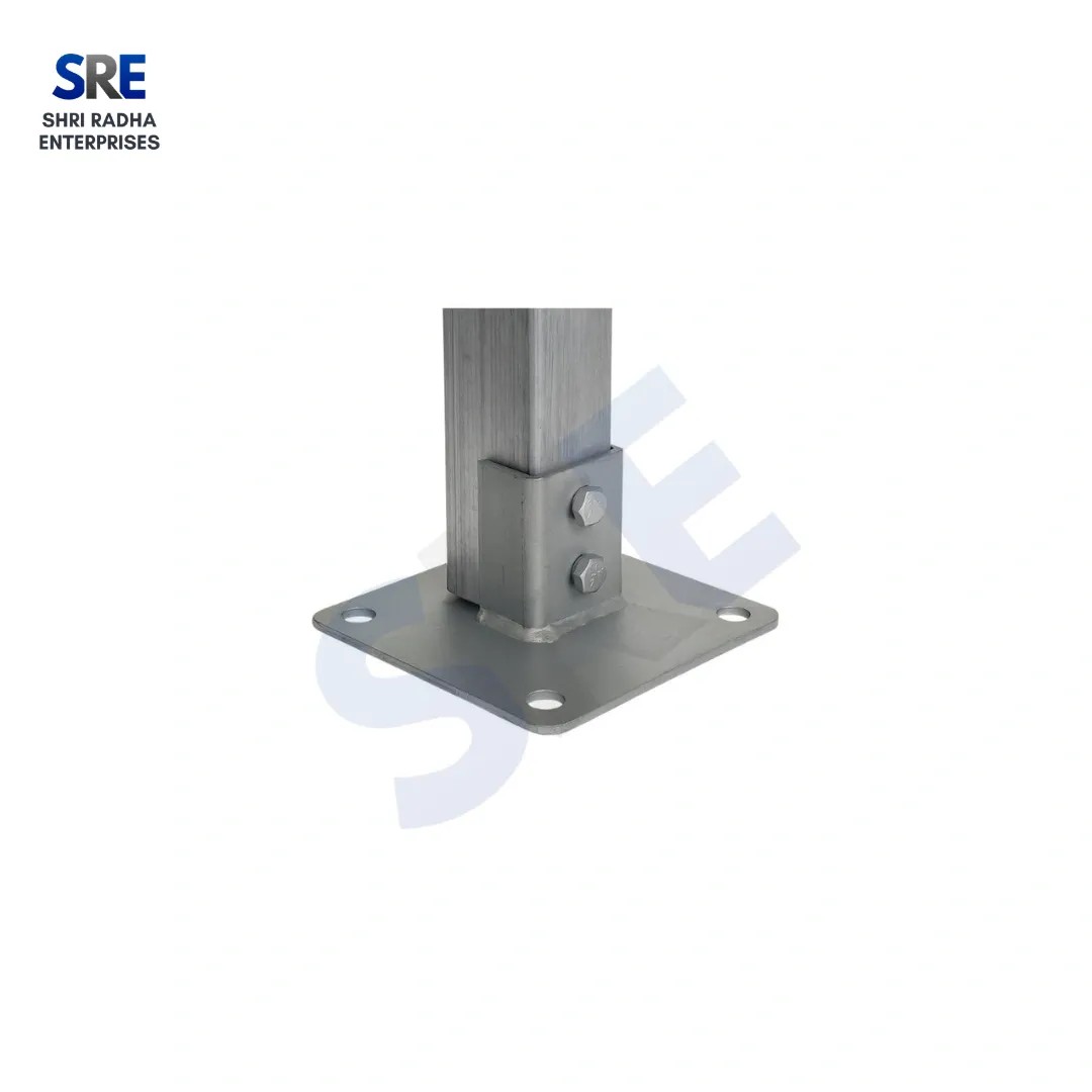 Heavy-duty square steel Base Plate supporting an upright metal column with side securing bolts for structural building construction.