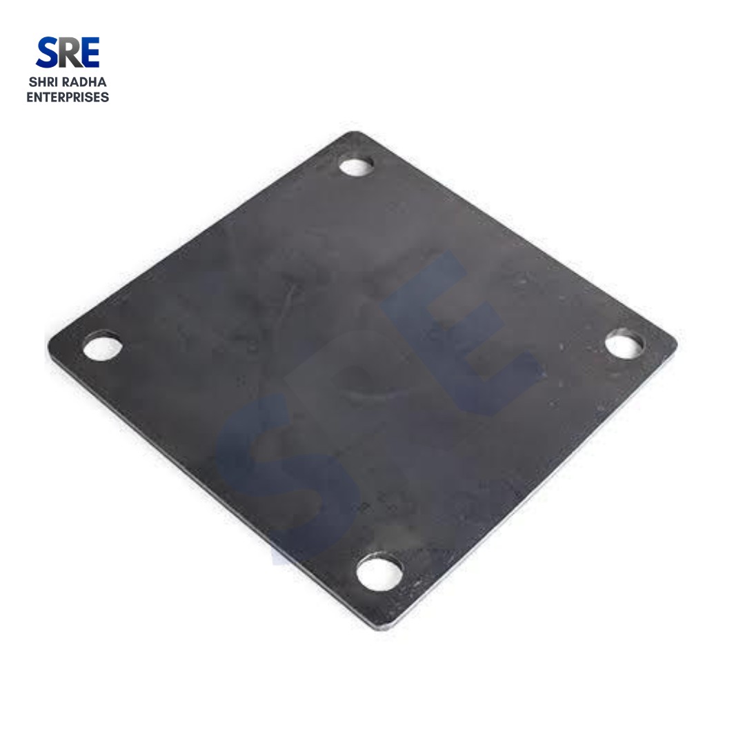 Heavy-duty square steel scaffolding base plates stacked together, featuring precision-drilled corner holes for secure construction anchoring by Shri Radha Enterprises.