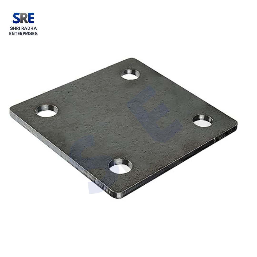 Single Square Mild Steel Scaffolding Base Plate A single uncoated square mild steel scaffolding base plate with four precision-drilled corner holes on a clean white background.