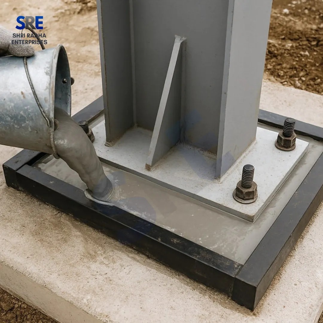 Structural Steel Column Base Plate Grouting Installation | Shri Radha Enterprises Workers pouring liquid cement grout from a metal bucket into a formwork around a heavy-duty structural steel column base plate anchored with heavy foundation bolts for Shri Radha Enterprises.