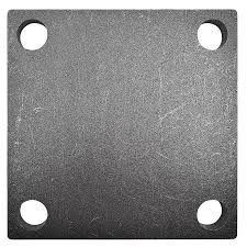 Top view of a square raw steel base plate with four pre-drilled corner holes ready for quality check and scaffolding assembly.