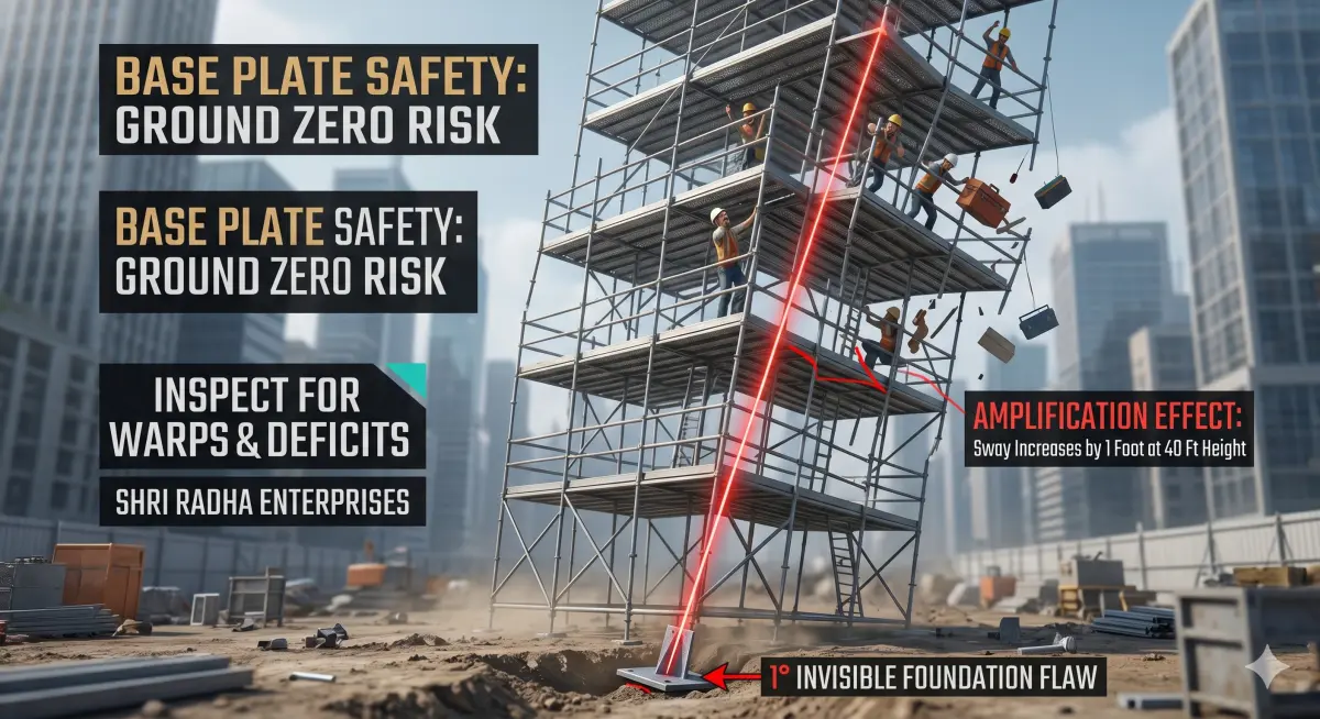 A safety diagram illustrating how a small 1-degree invisible foundation flaw in a scaffolding base plate multiplies into massive dangerous swaying in high-altitude vertical standards at a construction site.