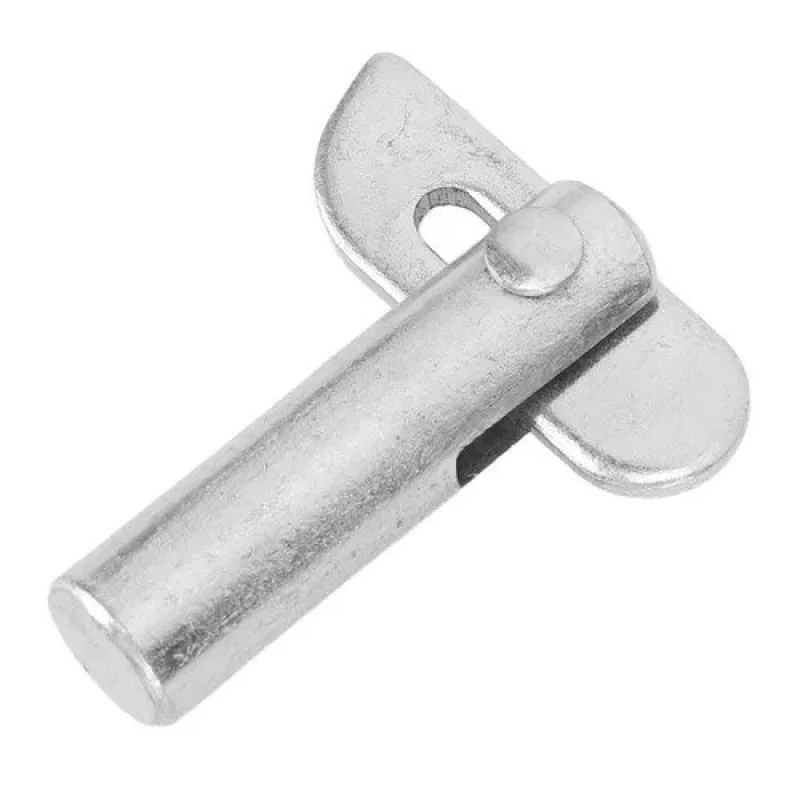 Industrial grade steel brace pin with a gravity-activated drop head welded onto a scaffolding vertical frame to lock a diagonal cross brace securely.